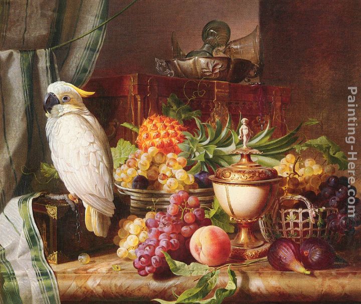 Still Life With Fruit and a Cockatoo painting - Josef Schuster Still Life With Fruit and a Cockatoo art painting